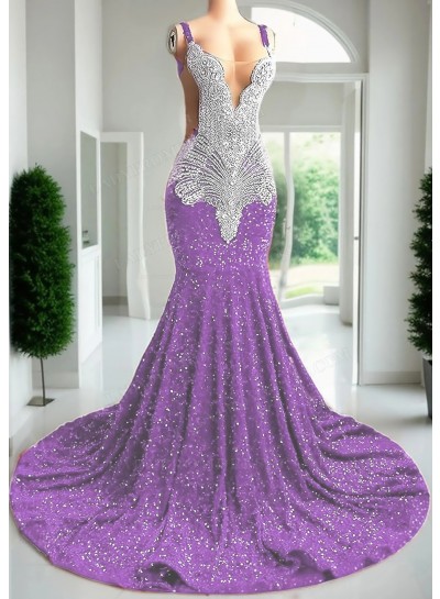 Lilac Sleeveless Mermaid Sequin Prom Dresses with Sheer Appliques