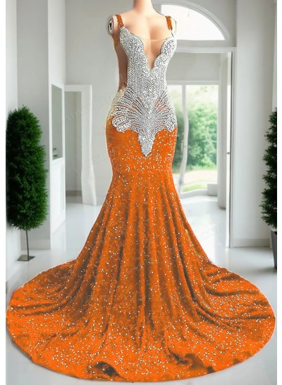 Orange Sleeveless Mermaid Sequin Prom Dresses with Sheer Appliques