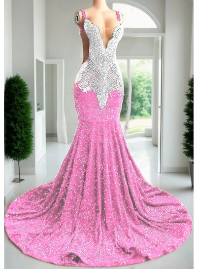 Pale Pink Sleeveless Mermaid Sequin Prom Dresses with Sheer Appliques