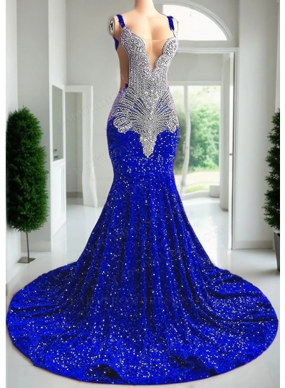 Royal Blue Sleeveless Mermaid Sequin Prom Dresses with Sheer Appliques