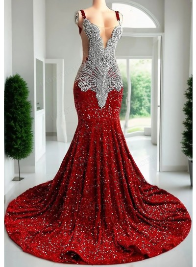 Red Sleeveless Mermaid Sequin Prom Dresses with Sheer Appliques