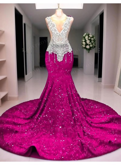 Fuchsia Deep V-Neck Sequins Mermaid Prom Dresses with Sheer Appliques