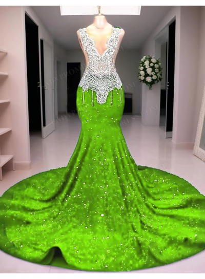 Lime Green Deep V-Neck Sequins Mermaid Prom Dresses with Sheer Appliques