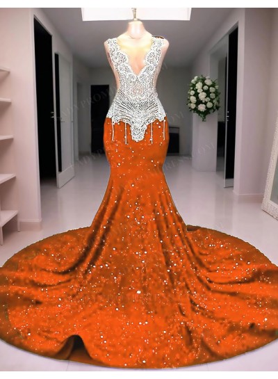 Orange Deep V-Neck Sequins Mermaid Prom Dresses with Sheer Appliques
