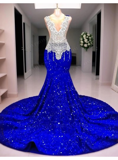 Royal Blue Deep V-Neck Sequins Mermaid Prom Dresses with Sheer Appliques