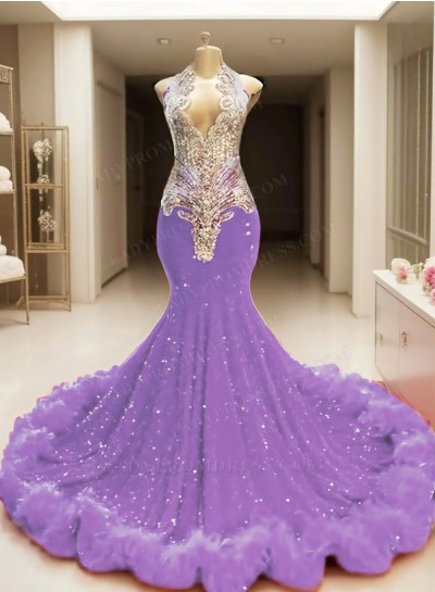 Lilac Sequins V-neck Mermaid Prom Dresses with Fur Trim Appliques