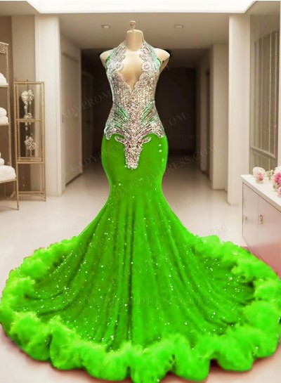 Lime Green Sequins V-neck Mermaid Prom Dresses with Fur Trim Appliques