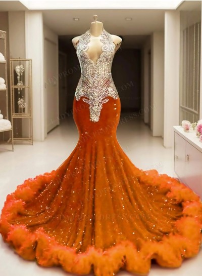 Orange Sequins V-neck Mermaid Prom Dresses with Fur Trim Appliques
