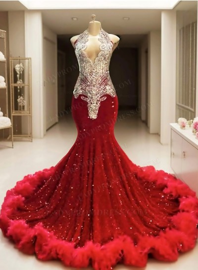 Red Sequins V-neck Mermaid Prom Dresses with Fur Trim Appliques
