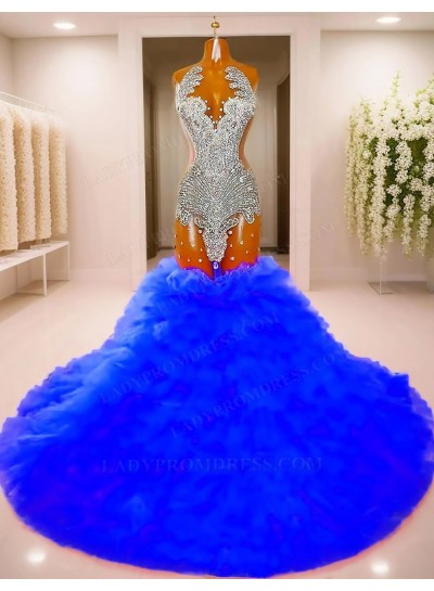 Royal Blue Sheer Tulle Sequins Mermaid Multi-Layered Prom Dresses