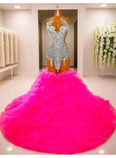 Hot Pink Sheer Tulle Sequins Mermaid Multi-Layered Prom Dresses