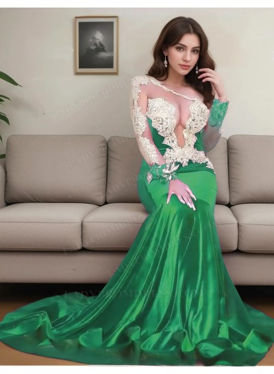 Emerald One Shoulder Satin Mermaid Sheer Lace Appliques Prom Dresses