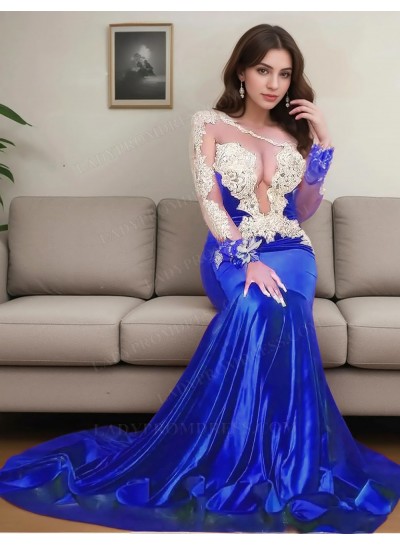 Royal Blue One Shoulder Satin Mermaid Sheer Lace Appliques Prom Dresses