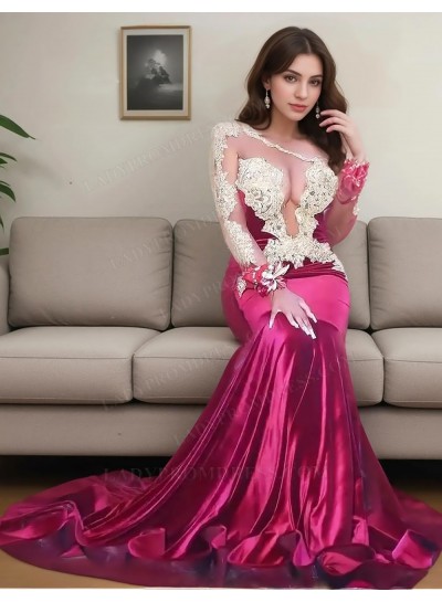 Fuchsia One Shoulder Satin Mermaid Sheer Lace Appliques Prom Dresses