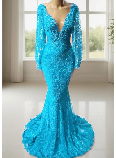 Blue V-neck Long Sleeves Lace Mermaid Prom Dresses