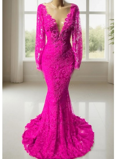 Fuchsia V-neck Long Sleeves Lace Mermaid Prom Dresses
