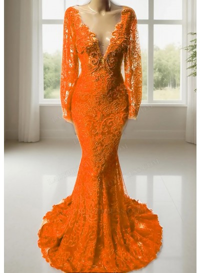 Orange V-neck Long Sleeves Lace Mermaid Prom Dresses