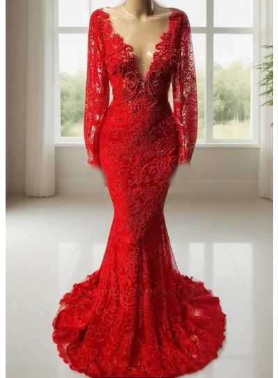 Red V-neck Long Sleeves Lace Mermaid Prom Dresses