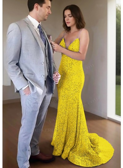 Daffodil Spaghetti Straps Sequins Fitted Prom Dresses