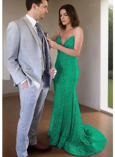 Emerald Spaghetti Straps Sequins Fitted Prom Dresses