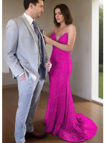Fuchsia Spaghetti Straps Sequins Fitted Prom Dresses