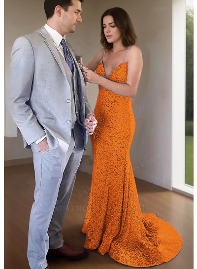 Orange Spaghetti Straps Sequins Fitted Prom Dresses
