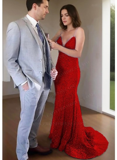 Red Spaghetti Straps Sequins Fitted Prom Dresses