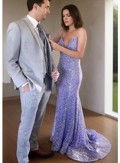 Lilac Spaghetti Straps Sequins Fitted Prom Dresses