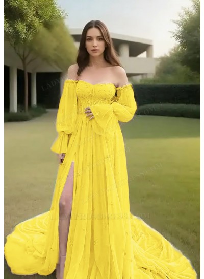 Daffodil Off-Shoulder Tulle Long Sleeves Slit Prom Dresses