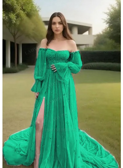 Emerald Off-Shoulder Tulle Long Sleeves Slit Prom Dresses