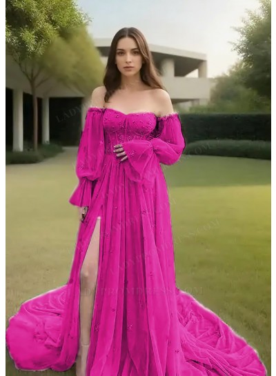 Fuchsia Off-Shoulder Tulle Long Sleeves Slit Prom Dresses