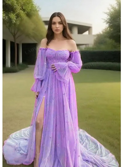 Lilac Off-Shoulder Tulle Long Sleeves Slit Prom Dresses