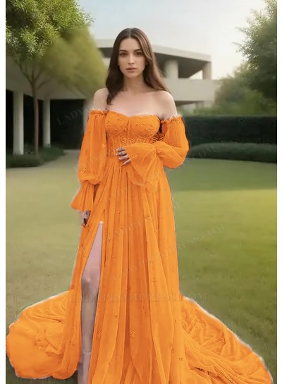 Orange Off-Shoulder Tulle Long Sleeves Slit Prom Dresses