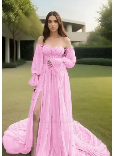 Pale Pink Off-Shoulder Tulle Long Sleeves Slit Prom Dresses