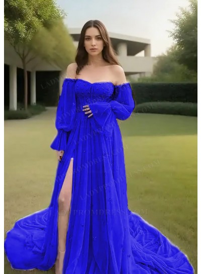 Royal Blue Off-Shoulder Tulle Long Sleeves Slit Prom Dresses