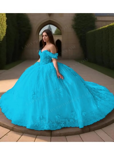 Blue Off Shoulder Ball Gown Floral Appliques Tulle Princess Prom Quinceanera Dresses