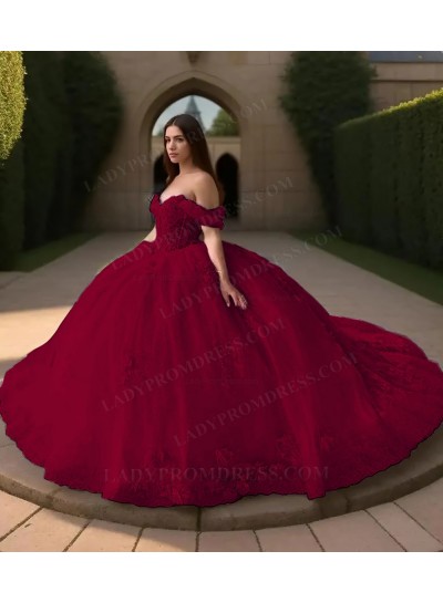 Burgundy Off Shoulder Ball Gown Floral Appliques Tulle Princess Prom Quinceanera Dresses
