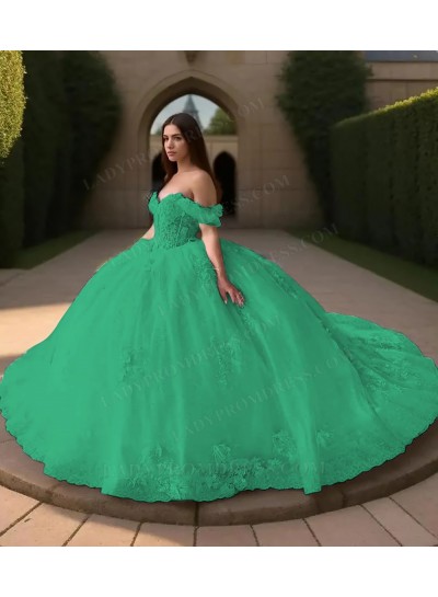 Emerald Off Shoulder Ball Gown Floral Appliques Tulle Princess Prom Quinceanera Dresses
