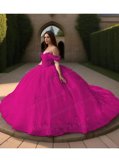 Fuchsia Off Shoulder Ball Gown Floral Appliques Tulle Princess Prom Quinceanera Dresses