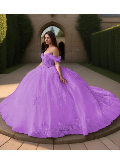 Lilac Off Shoulder Ball Gown Floral Appliques Tulle Princess Prom Quinceanera Dresses