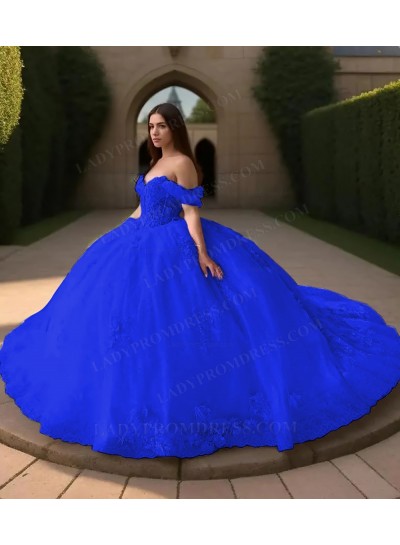 Royal Blue Off Shoulder Ball Gown Floral Appliques Tulle Princess Prom Quinceanera Dresses