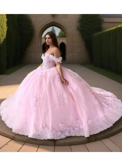 Pink Off Shoulder Ball Gown Floral Appliques Tulle Princess Prom Quinceanera Dresses