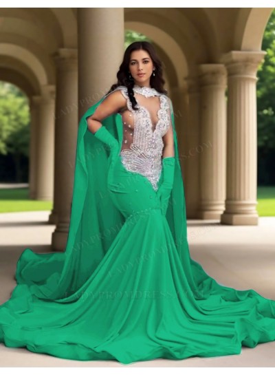 Emerald Satin Mermaid Cape Sheer Tulle Prom Dresses with Appliques