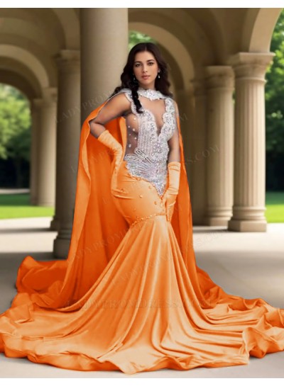 Orange Satin Mermaid Cape Sheer Tulle Prom Dresses with Appliques