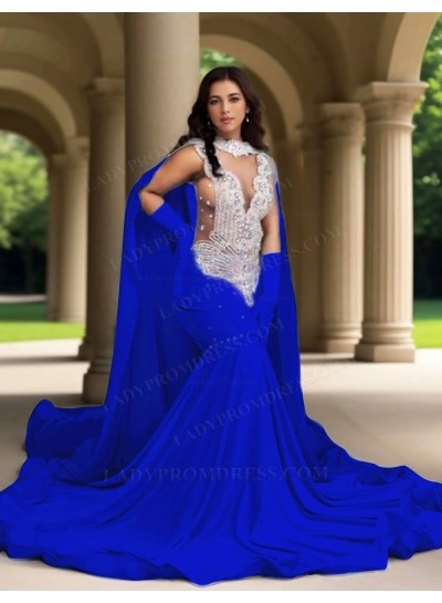 Royal Blue Satin Mermaid Cape Sheer Tulle Prom Dresses with Appliques
