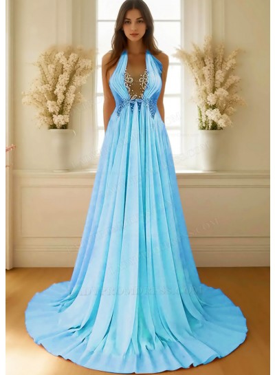 Blue A-line Halter Chiffon Waistline Flowy Prom Dresses