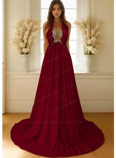 Burgundy A-line Halter Chiffon Waistline Flowy Prom Dresses