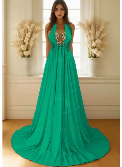 Emerald A-line Halter Chiffon Waistline Flowy Prom Dresses