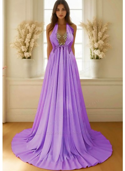 Lilac A-line Halter Chiffon Waistline Flowy Prom Dresses