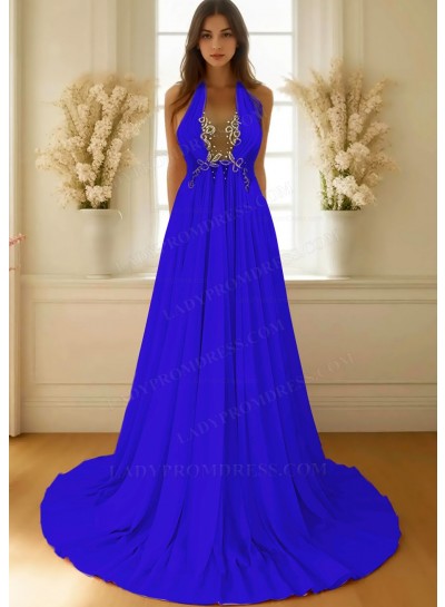 Royal Blue A-line Halter Chiffon Waistline Flowy Prom Dresses